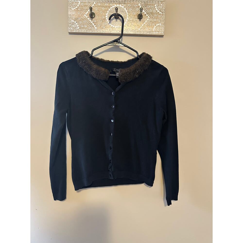 Silx By August Silk Blk Vintage Faux Mink Fur Collar Button Down Cardigan